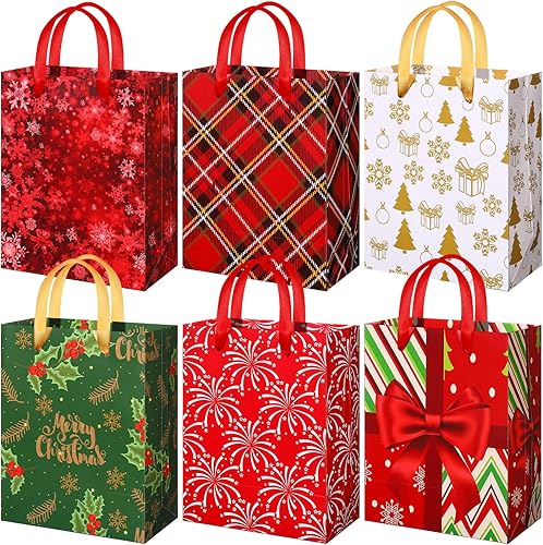 Hillban 12 bolsas de regalo medianas de Navidad con asas de cinta, bolsas a granel de Navidad con impresiones de Navidad, bolsas de golosinas de