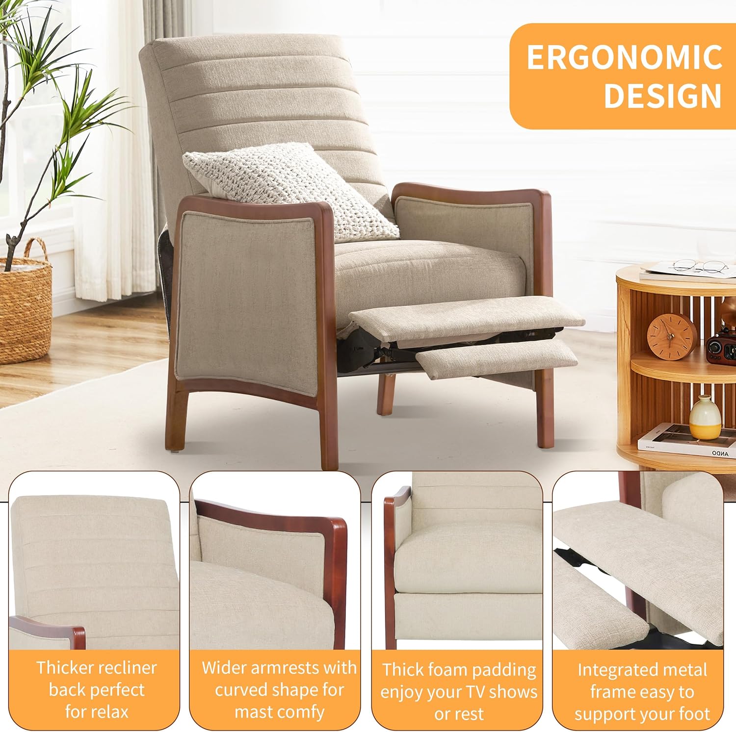 Push Back Recliner Chair, Upholstered Accent Chair Recliners with Thick Seat Cushion and Backrest Small Recliners for Small Spaces Living Room, Home Theater