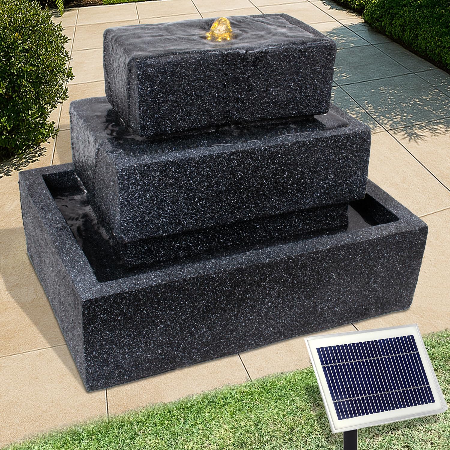 Profi-Pumpe® Fuente Solar Basalt-Cascada para Jardín y Terraza | Cascada Moderna de 3 Niveles con Batería de Litio y Luces LED | Funcionamiento Día y Noche | Kit Completo Ecológico | Panel 3W