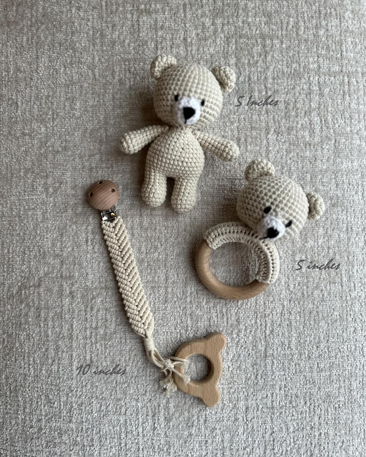 Organic Cotton Handmade Crotchet Bear Rattle, Toy, teether and Pacifier Holder Baby Shower/Birthday Gift Set.