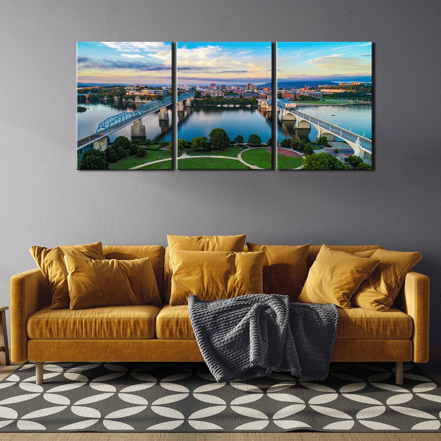 Chattanooga Skyline Wall Decor Tennessee Wall Art Walnut Street Bridge Painting Modern Urban Picture River Scenery 3 Piece Poster HD Canvas Print Frame for Home Decor Ready to Hang(48''Wx22''H)