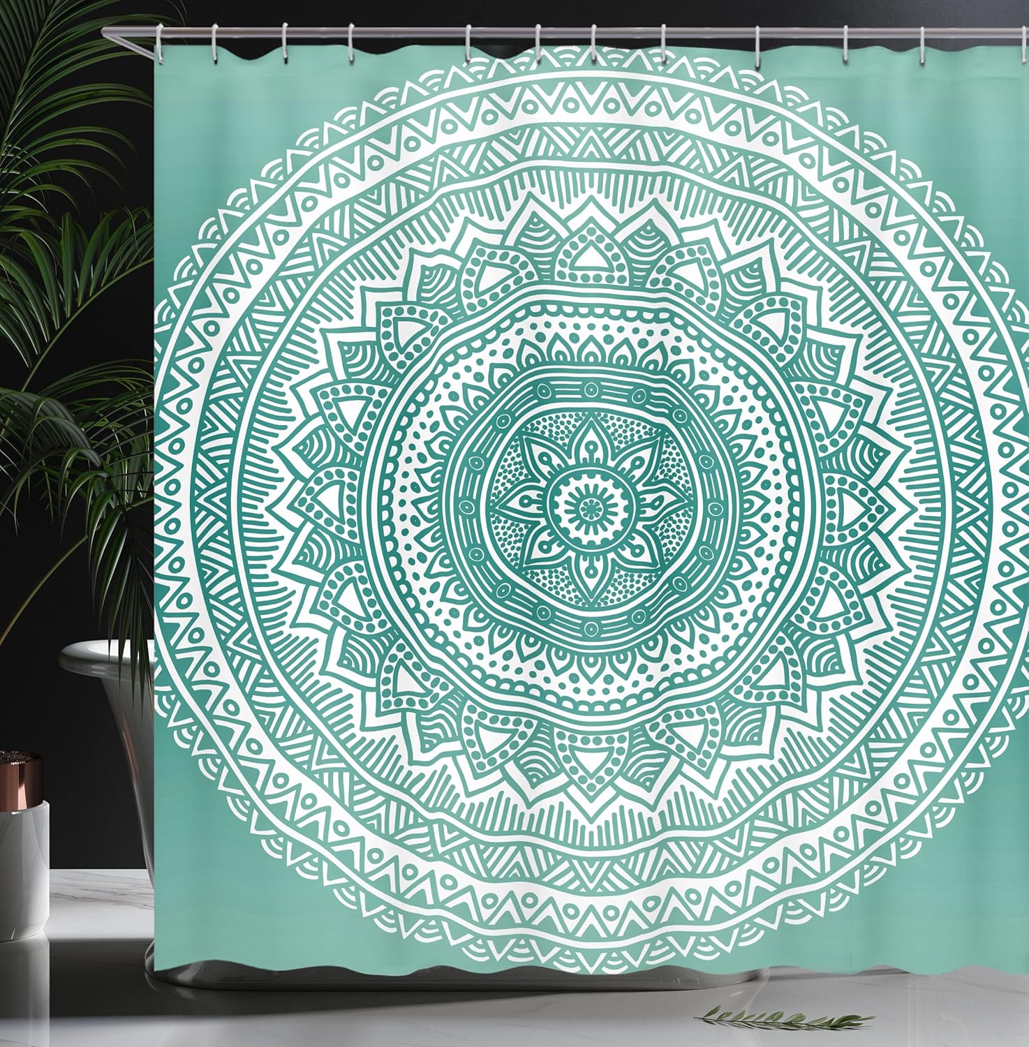 Ambesonne Teal Ombre Shower Curtain, Mandala Pattern Boho Style Floral Dots and Stripes with Petals Print, Cloth Fabric Bathroom Decor Set with Hooks, 69" W x 70" L, Teal and White