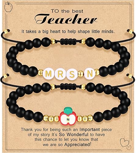 Teacher Appreciation Bracelet Gifts for Women Initial Beaded Bracelets Back to School Thank You Teacher Gifts 2pcs Link Bracelet New Teacher Graduation Gift Birthday Retirement Teachers' Day Jewelry