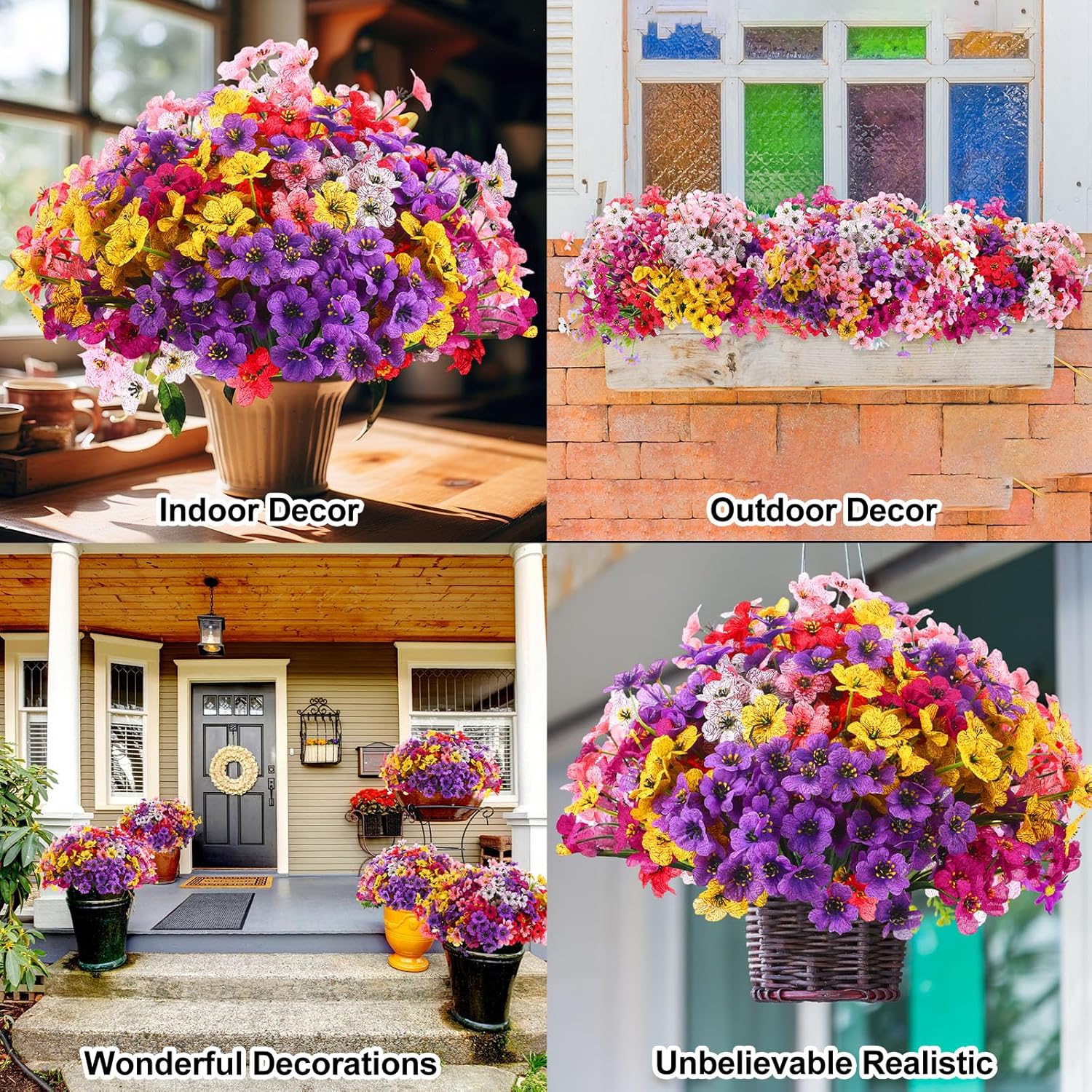Zeyune 56 Bundles Artificial Flowers for Outdoor Decoration Plastic No Fade UV Resistant Fake Flower Faux Plants for Wedding Spring Patio Garden Porch Box Decor(6 Mixed Colors,Bright)