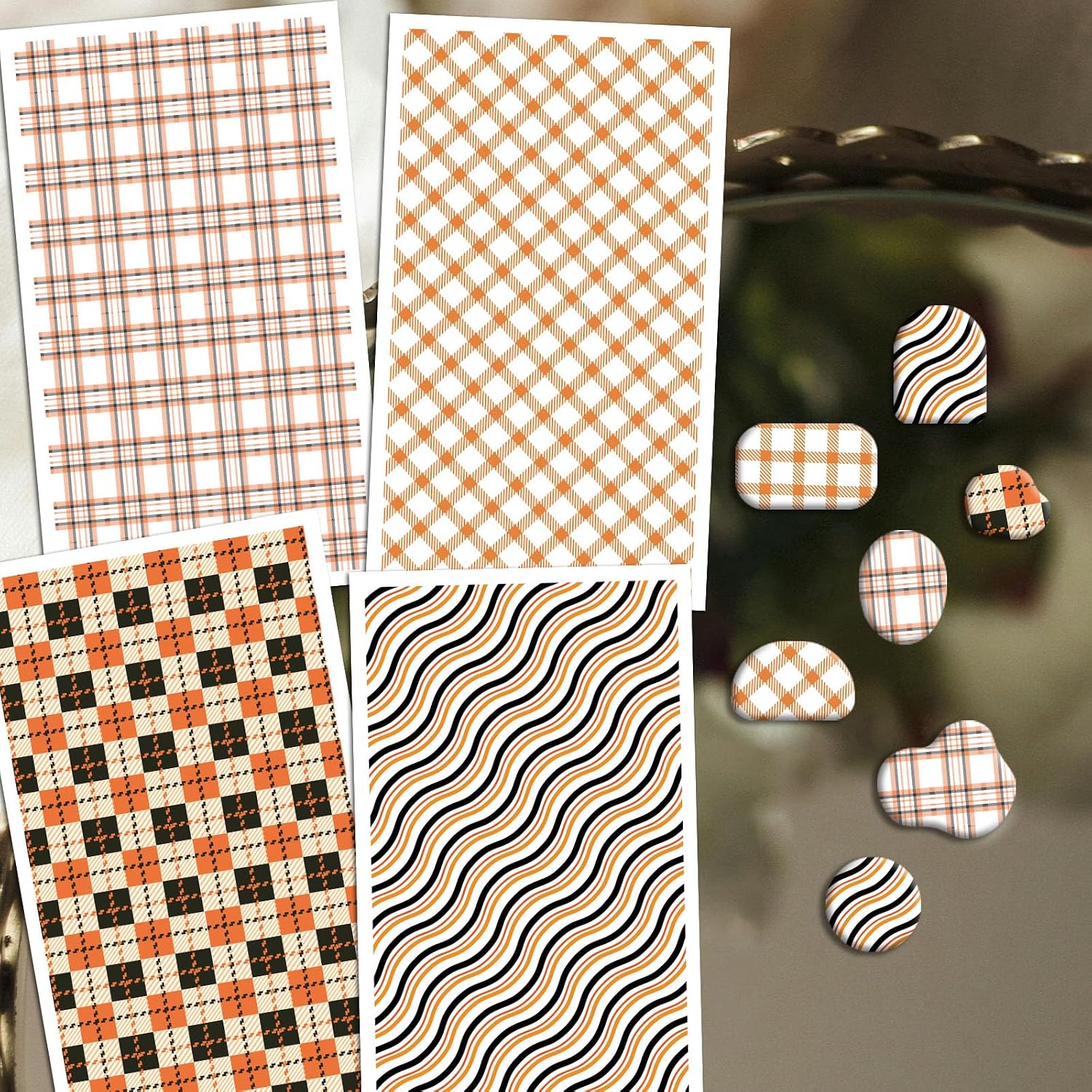 OLYCRAFT 24Pcs Orange Plaid Clay Transfer Paper 4 Styles Transfers Paper for Polymer Orange and Black Wavy Stripes Polymer Clay Transfer Sheets Small Ceramic Decals for Earrings Jewelry Making