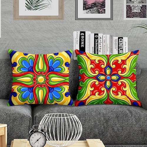 Miniatura 4 de Juego de 4 fundas de almohada españolas de 18 x 18 pulgadas, fundas de almohada mexicanas coloridas de estilo bohemio étnico, fundas de cojín