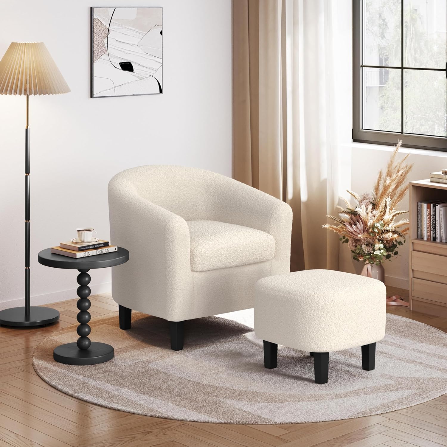 Yaheetech Accent Chair and Ottoman Set, Modern Fuzzy Sherpa Barrel Chair and Footrest, Comfy Boucle Armchair and Footstool for Living Room/Bedroom/Reading Room/Guestroom, Ivory