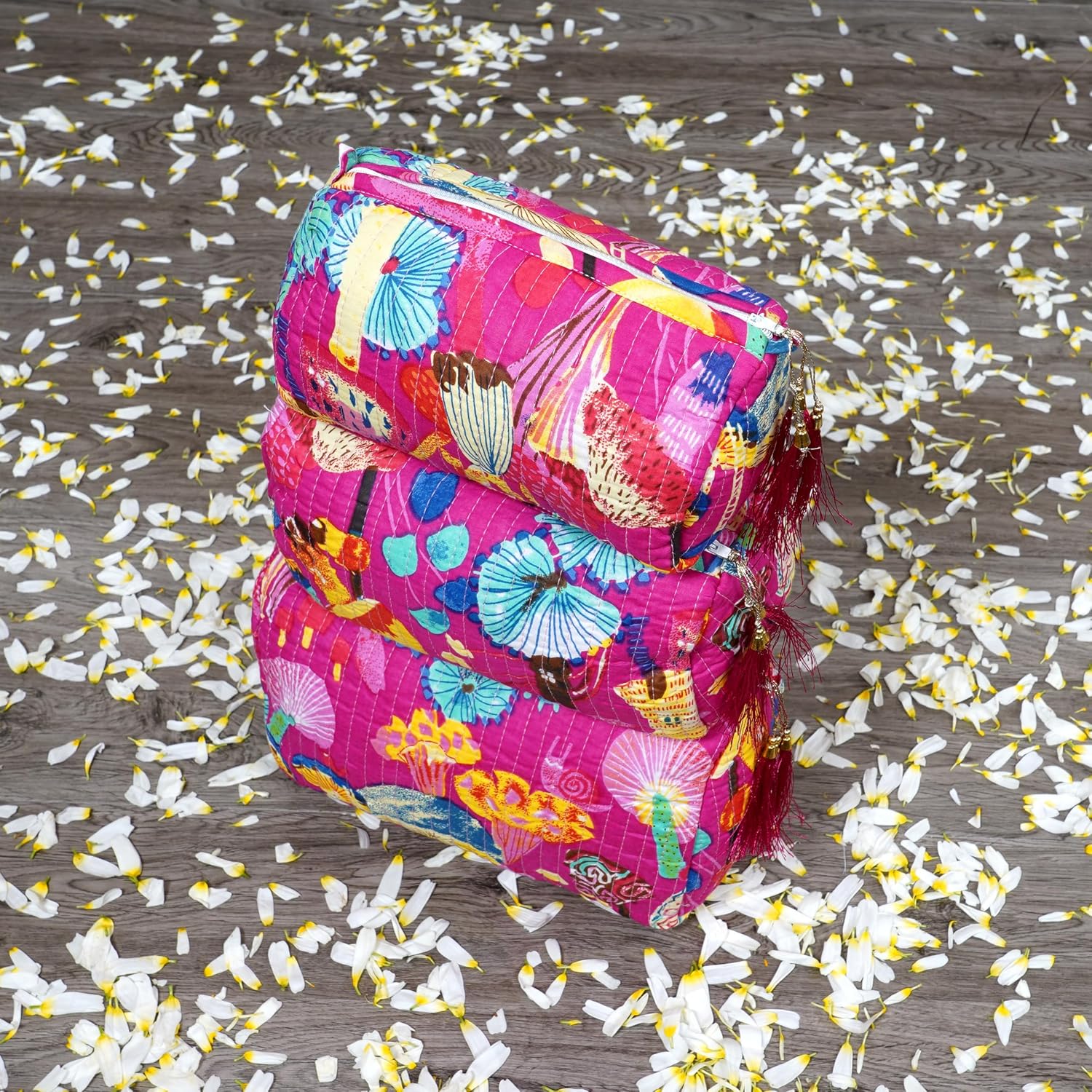 INDACORIFY Set of 3 Pieces Indian 100% Cotton Pouch Bag, Floral Print Toiletry Bag, Travel Bag, Quilted Wash Bag, Make Up Pouch Set Bag