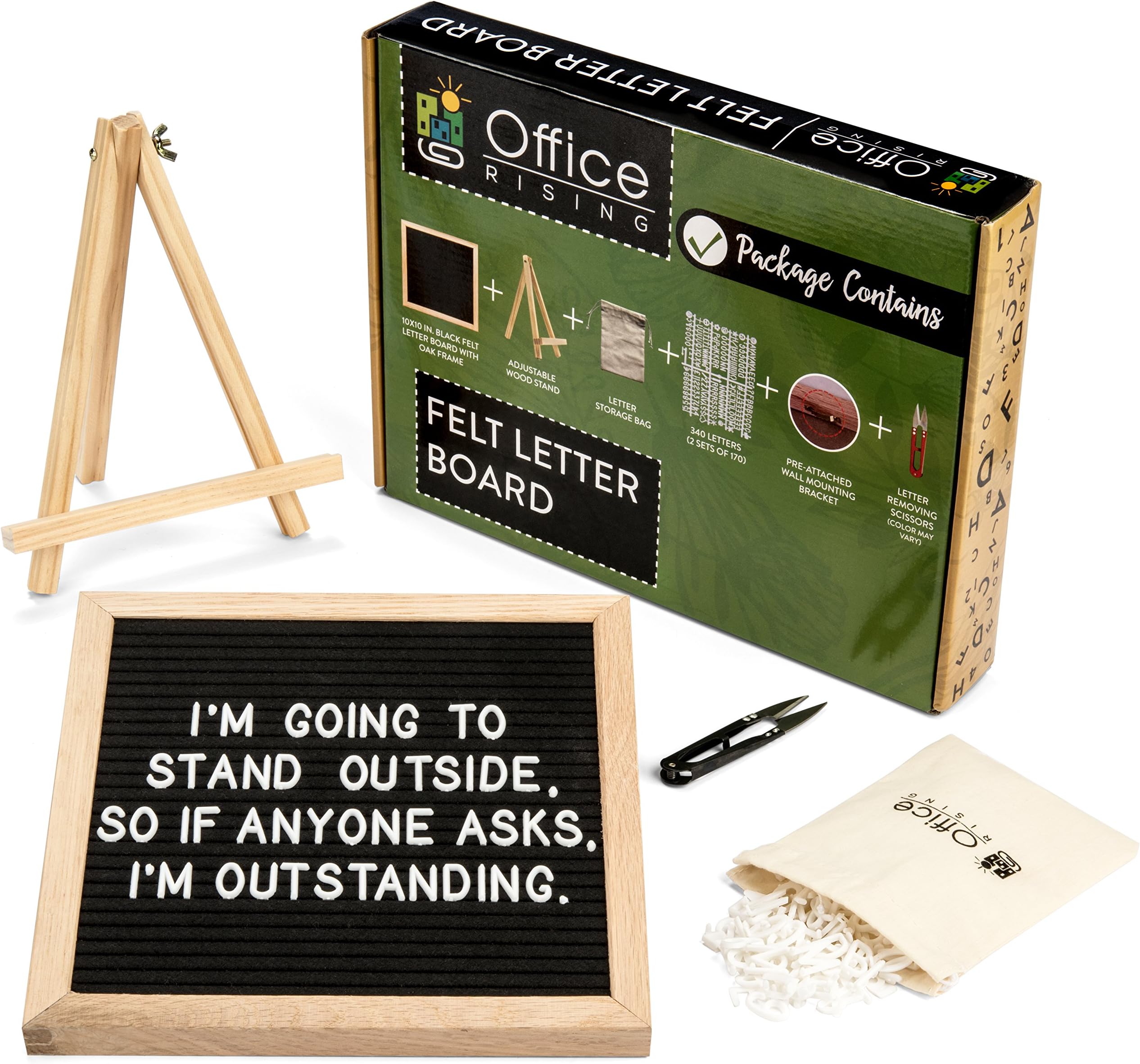 Felt Letter Board Premium, Black Changeable Letter Board With Letters, Numbers & Symbols, 340 total | Message board 10x10 inches, Letter Board With Stand, Oak Wood Frame, and Letter Board Accessories