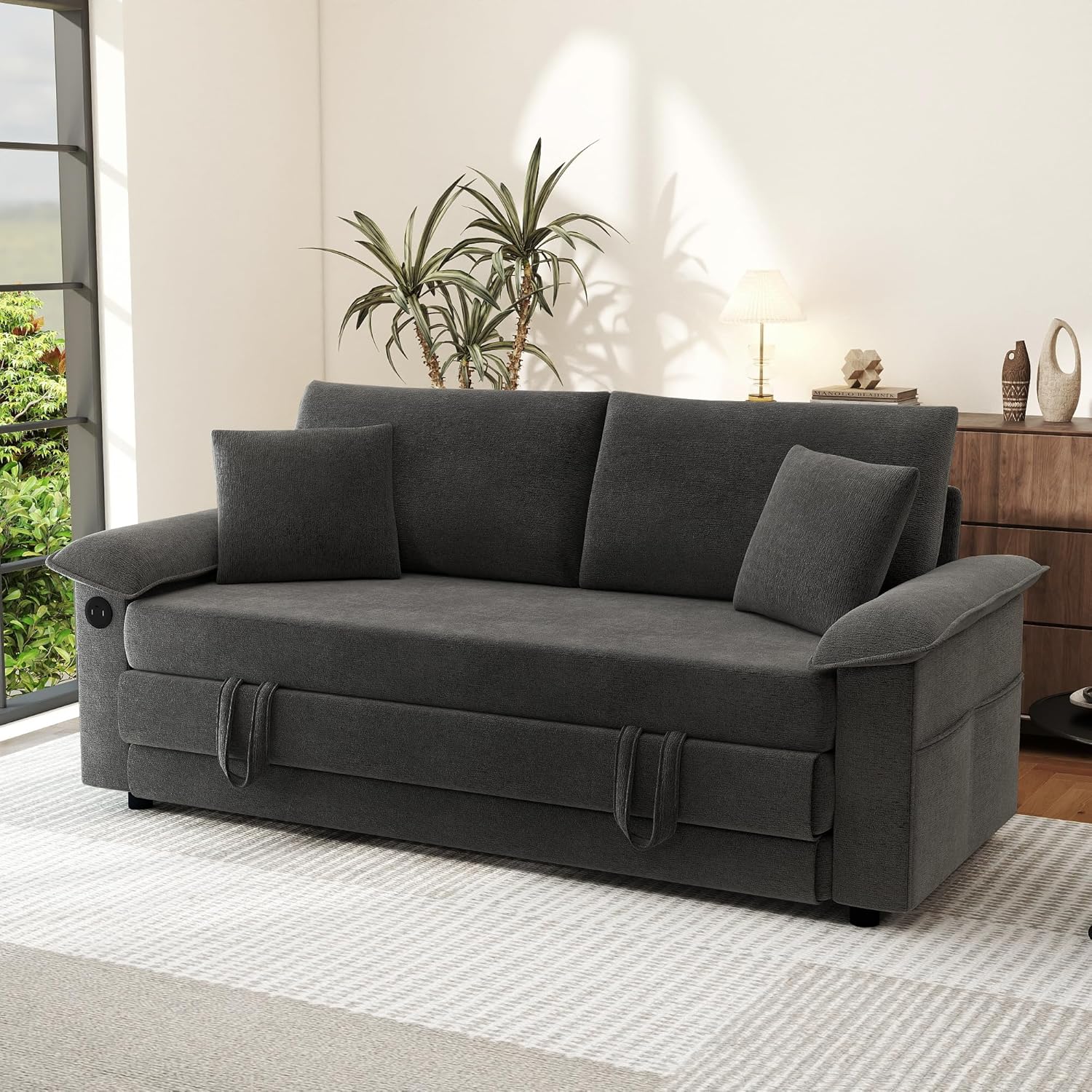 SUNWAVE 77" Sleeper Sofa Convertible Sofa Bed with USB Ports & Side Pockets, Chenille Loveseat Pull Out Couch with Full Size Sleeping Area, Folding Sofa Bed for Living Room & Small Spaces (Black)