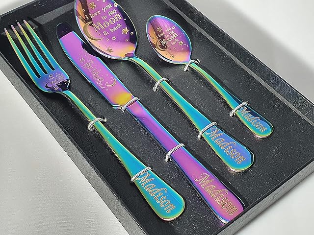 SpoonFromTheMoon Personalized Gift, Customized Cutlery Set, Personalised Adult Cutlery Set, Fork, Knife, Spoon and Teaspoon, Stainless Steel, Customized Fork