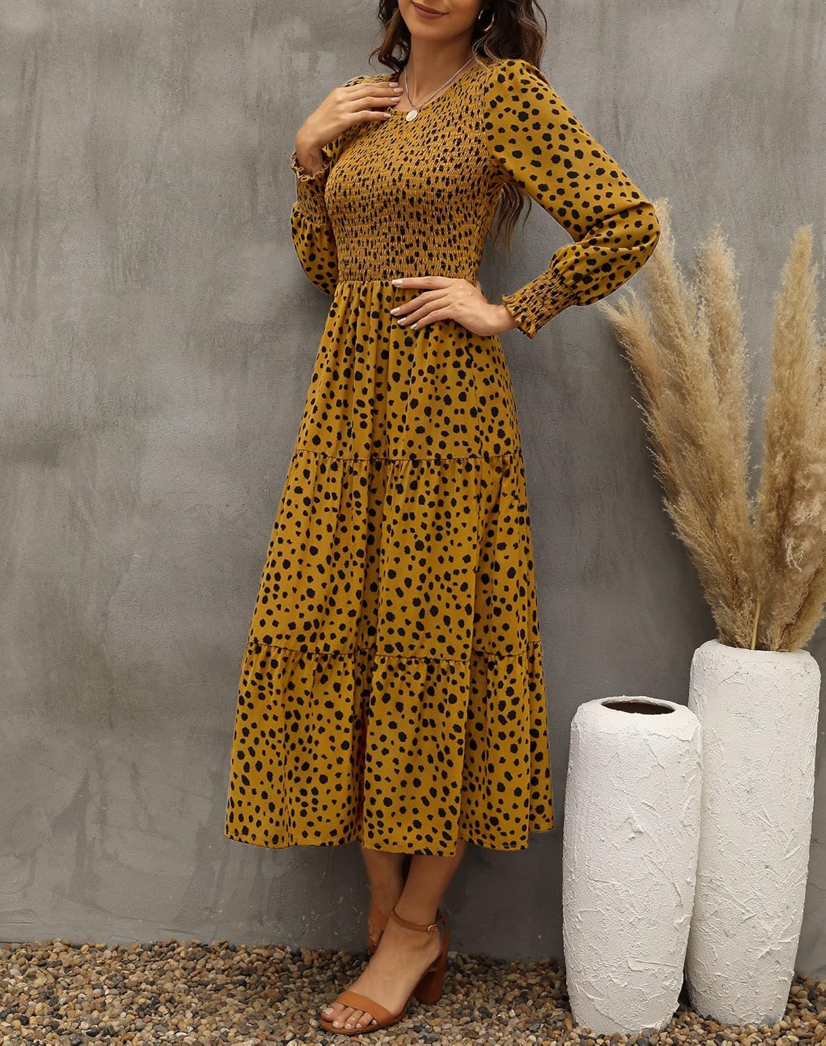 Zattcas Womens Spring Dresses 2026 Casual Long Sleeve Smocked Boho Floral Tiered Midi Wedding Guest Dress with Pockets - Image 4