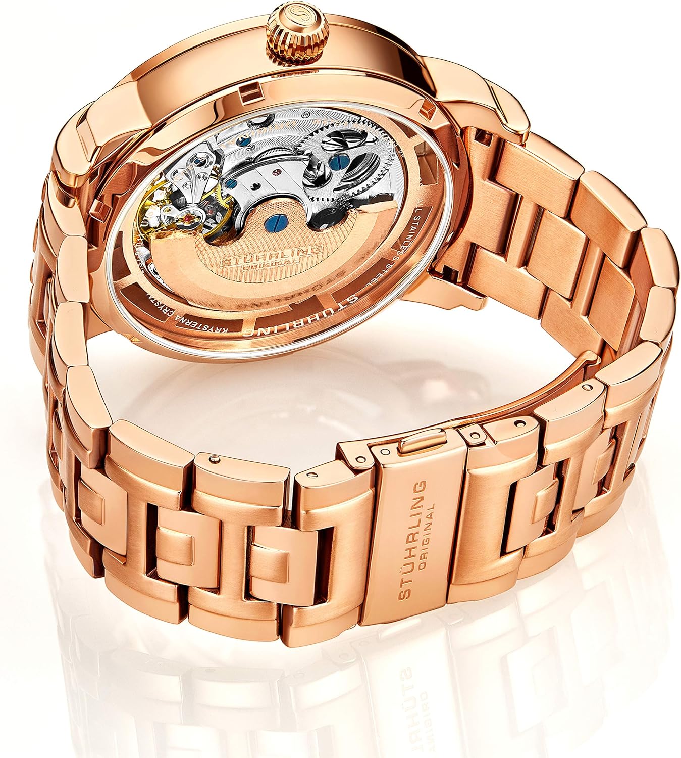 Stührling Original Mens Watch Stainless Steel Automatic, Skeleton Dial, Dual Time, AM/PM Sun Moon, Stainless Steel Bracelet, 371B Watches for Men Series