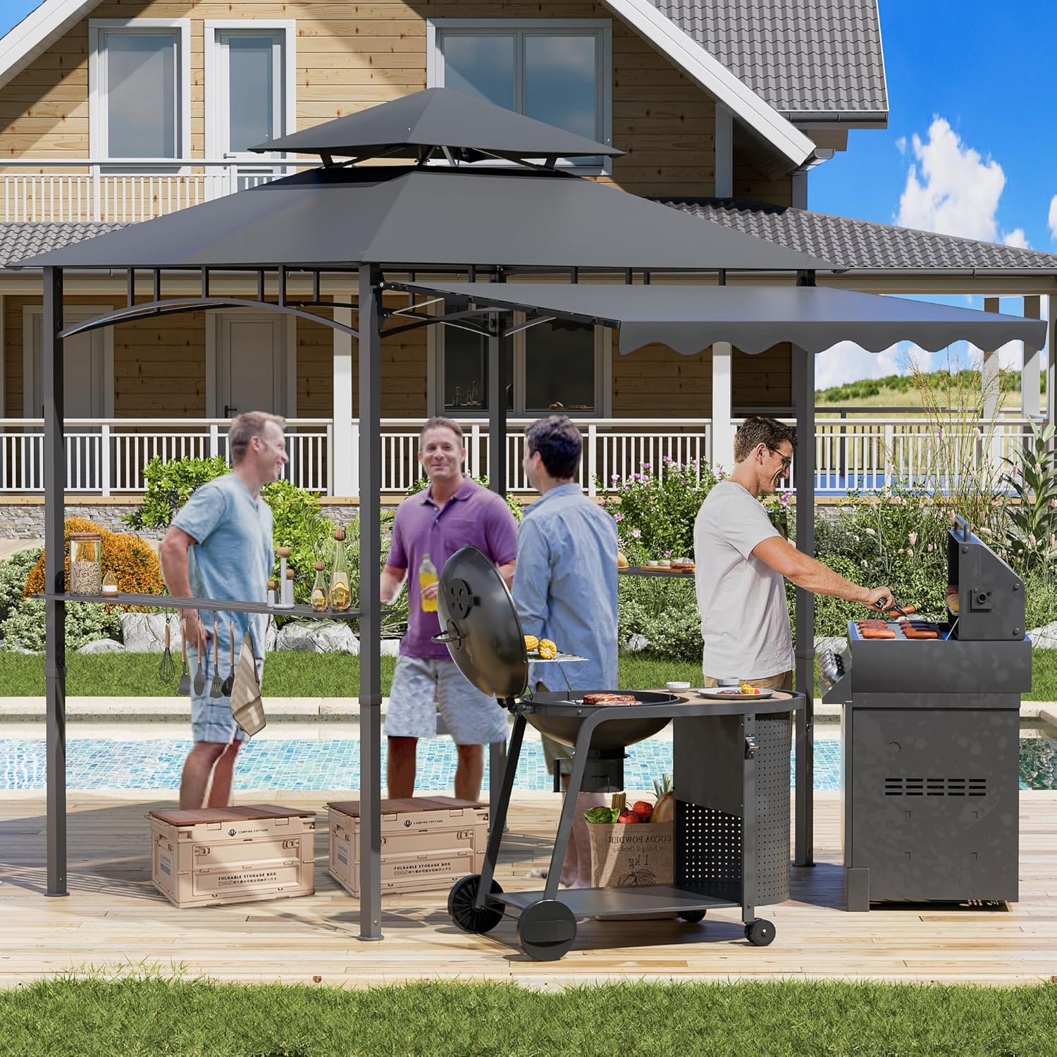 8'X8' Grill Gazebo Canopy - Heavy Duty Steel Frame, Double Tiered Grill Canopy for Outdoor Grill W/Shelves, Ceiling Hooks and Ground Stakes, Outdoor Patio Canopys Tent BBQ Gazebo Backyard(Grey)
