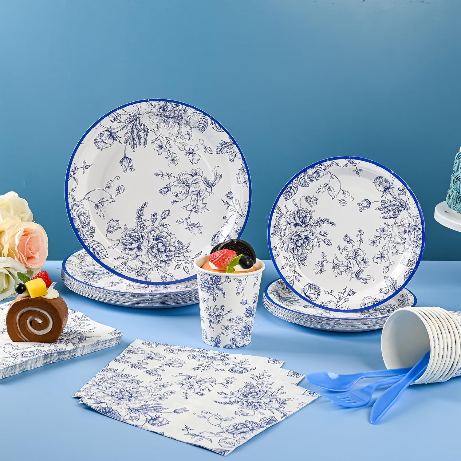 175Pcs Blue Floral Paper Plates and Napkins 25 Guests Blue Toile Chinoiserie Party Supplies Set Include Plates Napkins Cups Spoons Forks Knives for Birthday Wedding