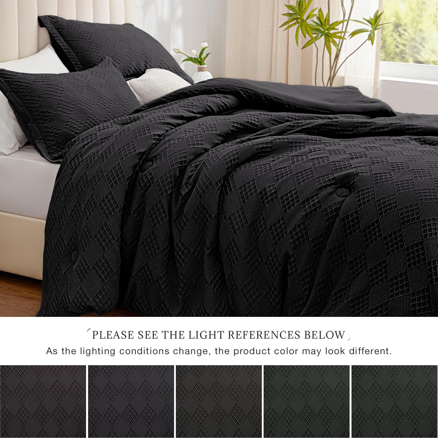 EXQ Home Waffle Comforter King Size - Super Soft Embossed Design Comforter Set 3 Pieces, Black 3D Diamond Pattern Bedding Set,Winter Warm Bed Set,1 Comforter with 2 Pillowcases