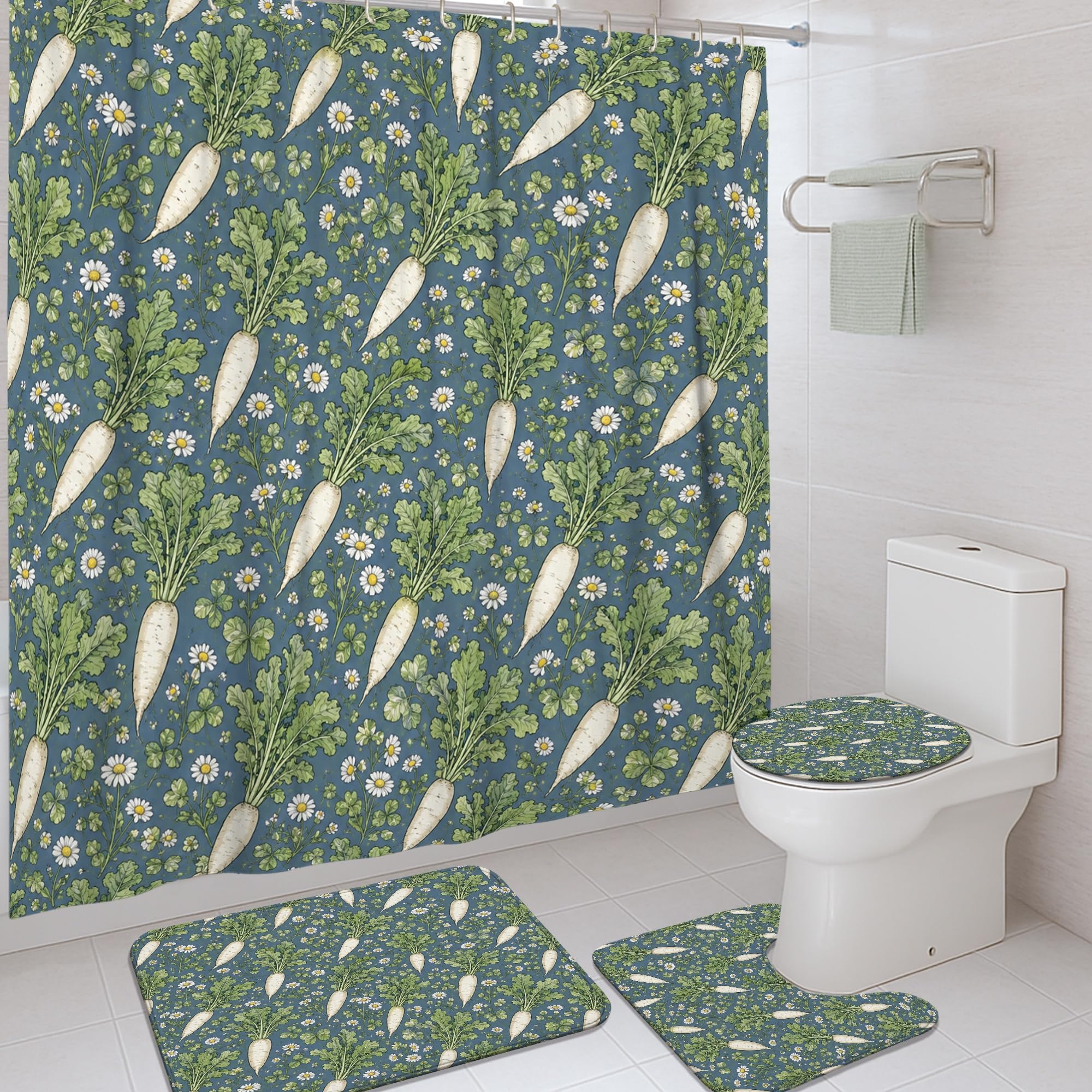 Rideau de douche polyester vert 183x183 motif radis et trèfle