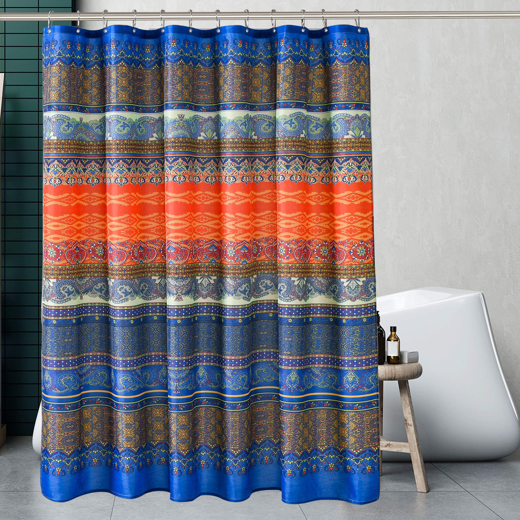 Exclusivo MezclaFabric Boho Shower Curtain Set with 12 Hooks for Bathroom, Waterproof and Machine Washable - 72" X 72", Blue and Orange