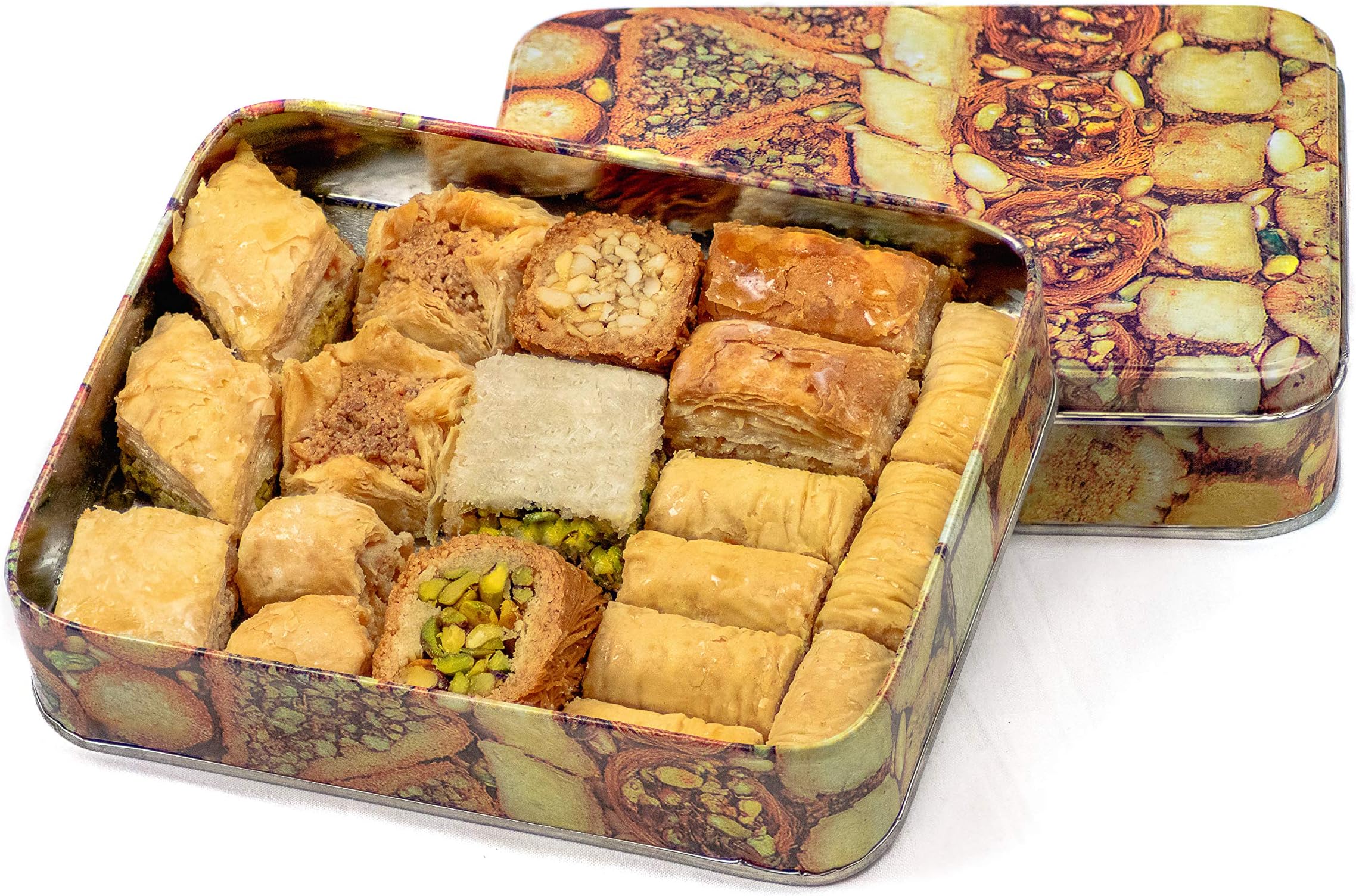 Baklava Baklawa Tin Box, Prime, 500gram, Assorted Baklawa Mixture Including Pistachio Cashew Almonds Walnut Varieties