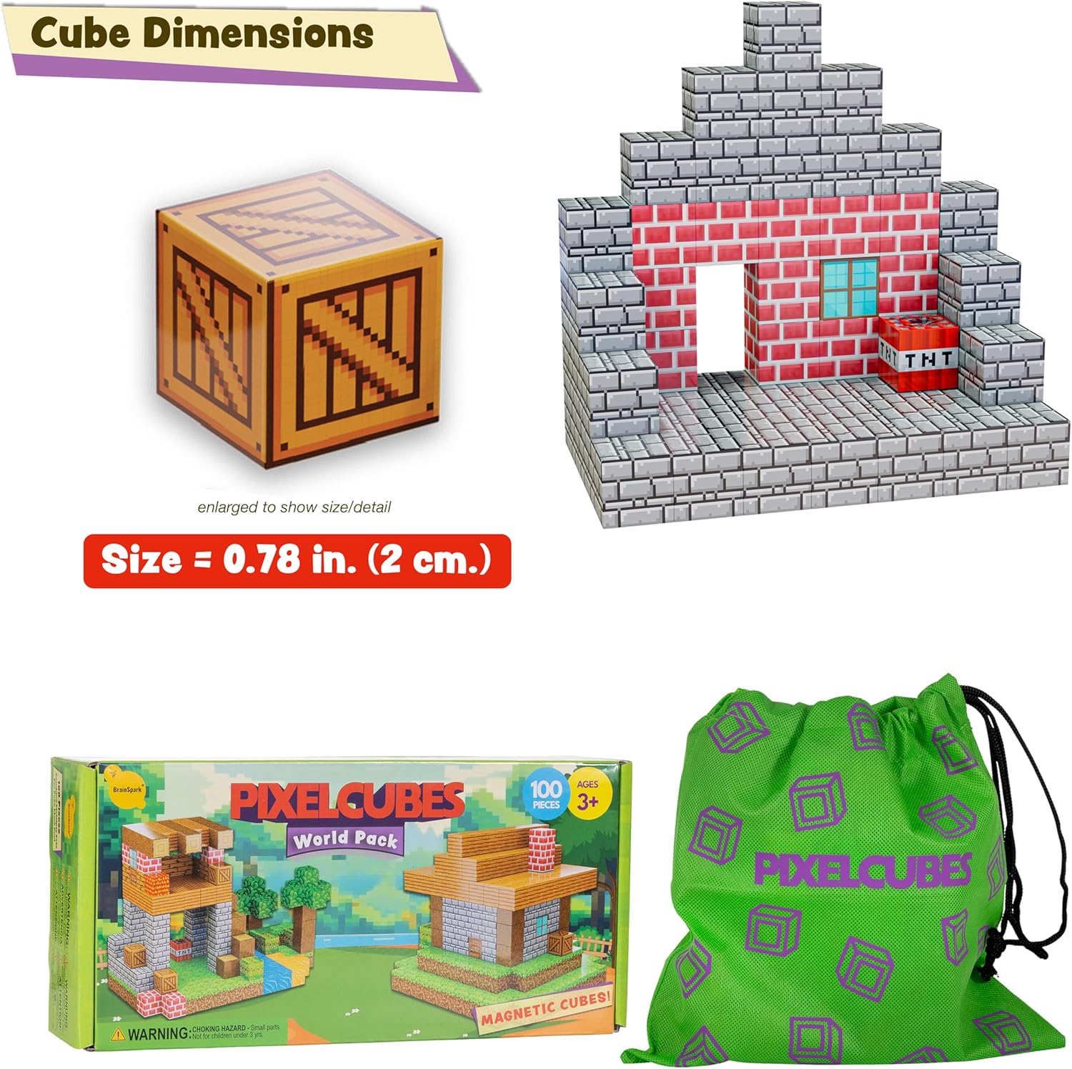 BrainSpark 100PCS Magnetic Pixel Cubes Mini – 2cm World Pack Edition Magnet Building Blocks, STEM Montessori Toys for Kids Ages 3-9, Creative Construction Fidget Stacking Set for Boys and Girls