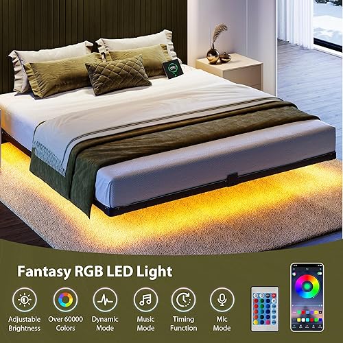 Miniatura 4 de Base de cama tamaño Queen, marco de cama flotante con luces LED inteligentes y estación de carga, plataforma de metal moderna con tapón deslizante