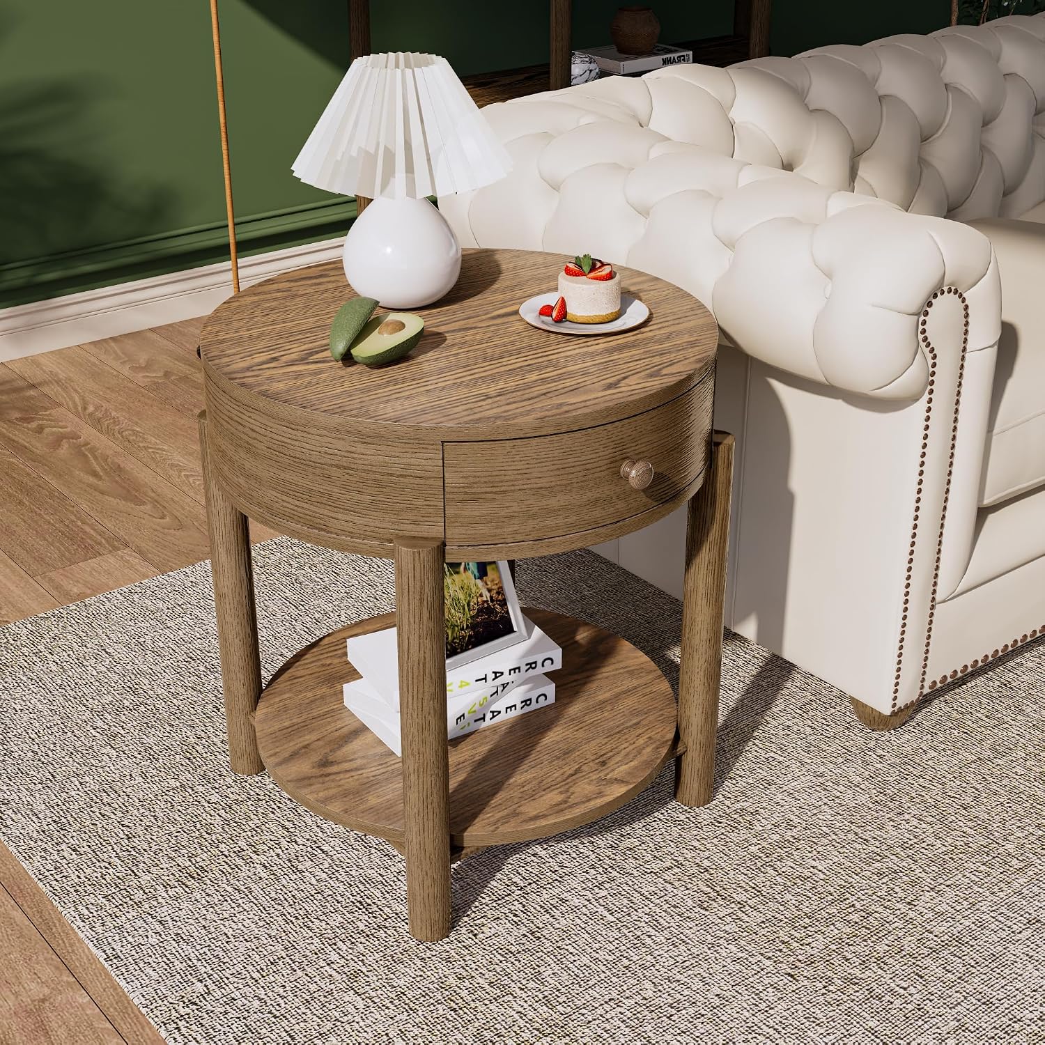 24” Round End Table with Drawer for Living Room, Round Mid-Century Modern Style Narrow Side Table with Storage Shelf, Wood Beside Table for Office, Easy Assembly, Natural YCJZ-T777-LT