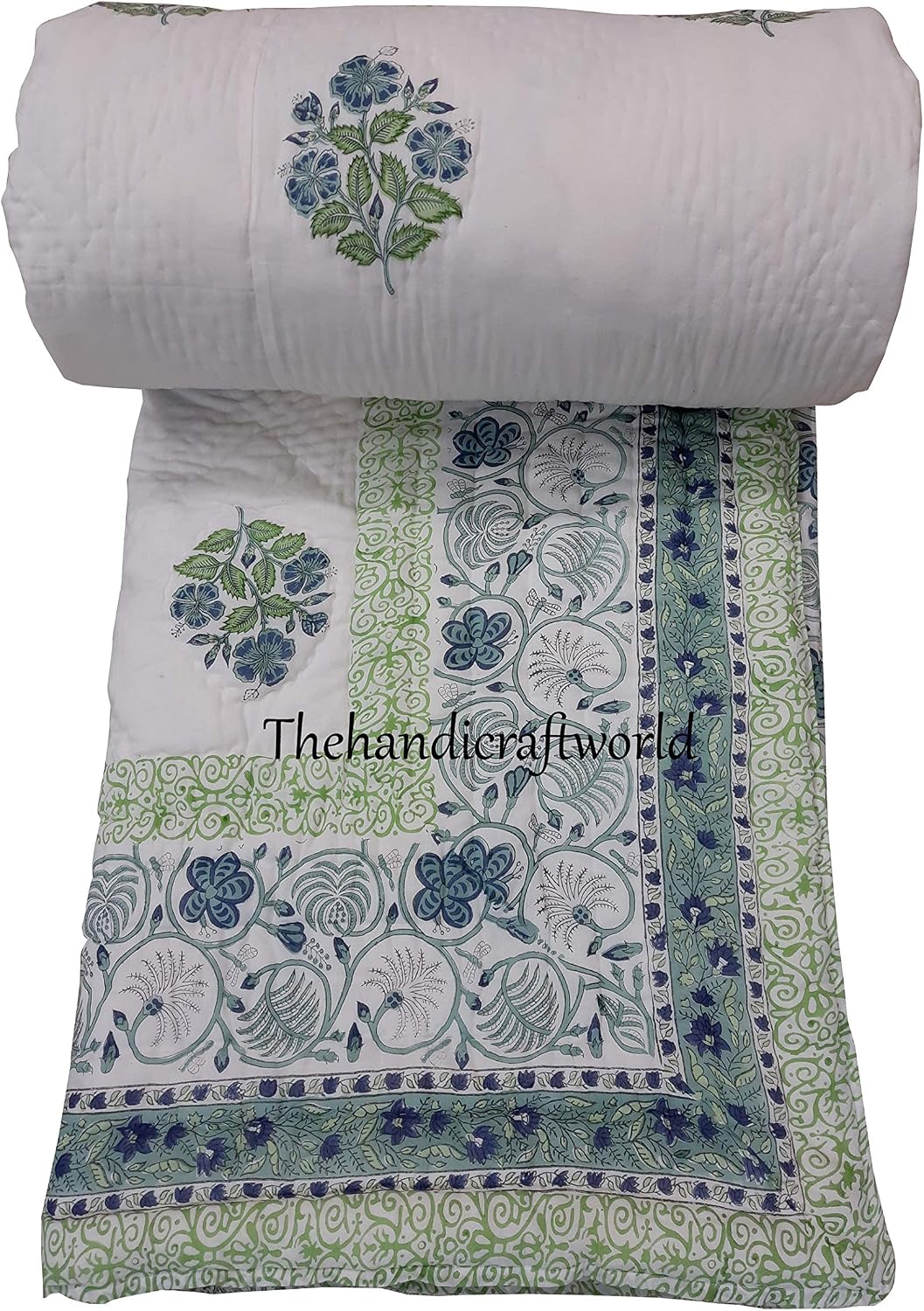 Indian Handmade White Floral Print Kantha Quilt Twin Size, King Size California King Size Cotton Kantha Throw Blanket Kantha Bedspread Quilt (King/Queen Size 90x108 Inch)