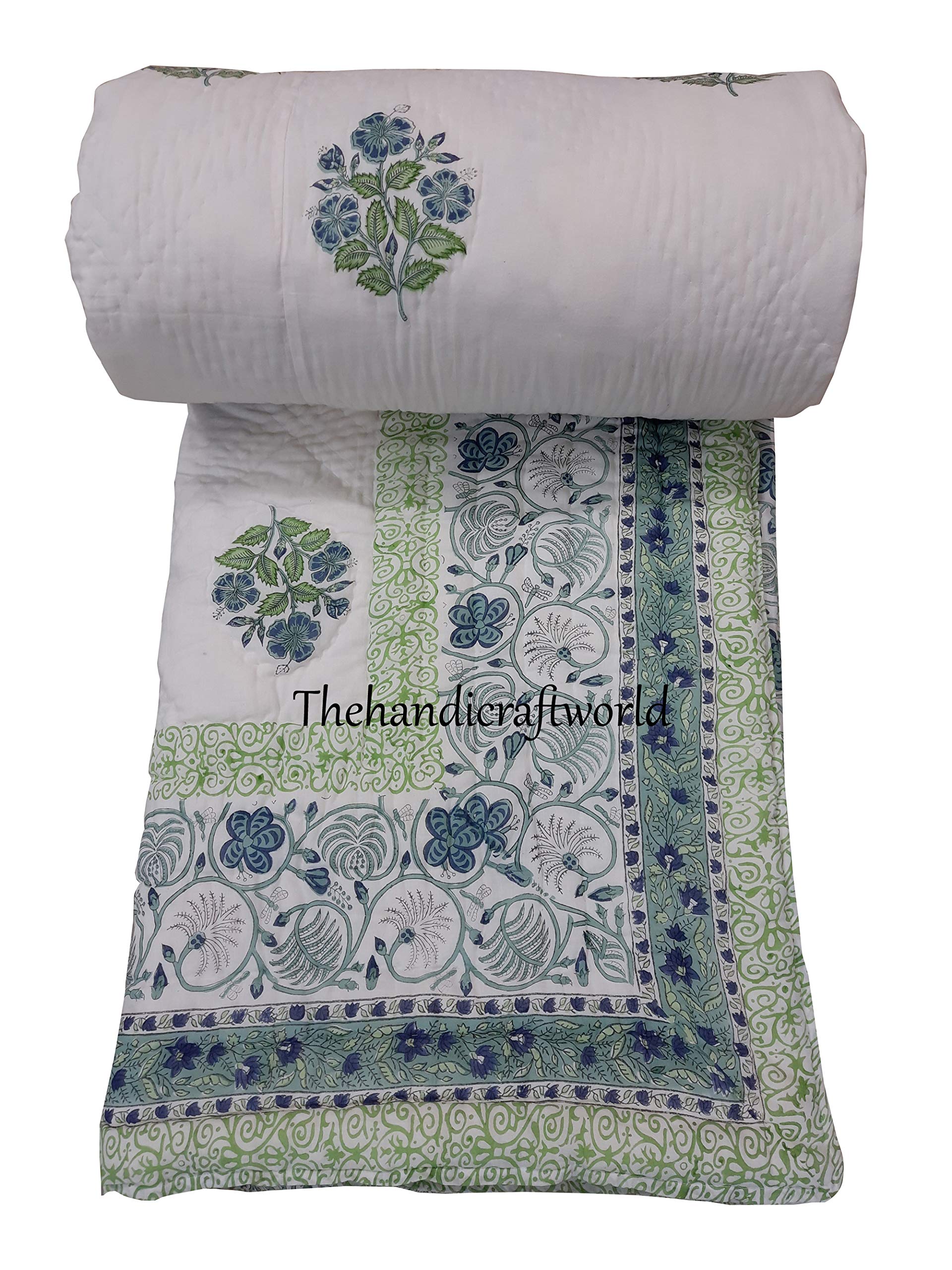 thehandicraftworld Indian Handmade White Floral Print Kantha Quilt Twin Size, King Size California King Size Cotton Kantha Throw Blanket Kantha Bedspread Quilt (California King US 108x108 Inch)