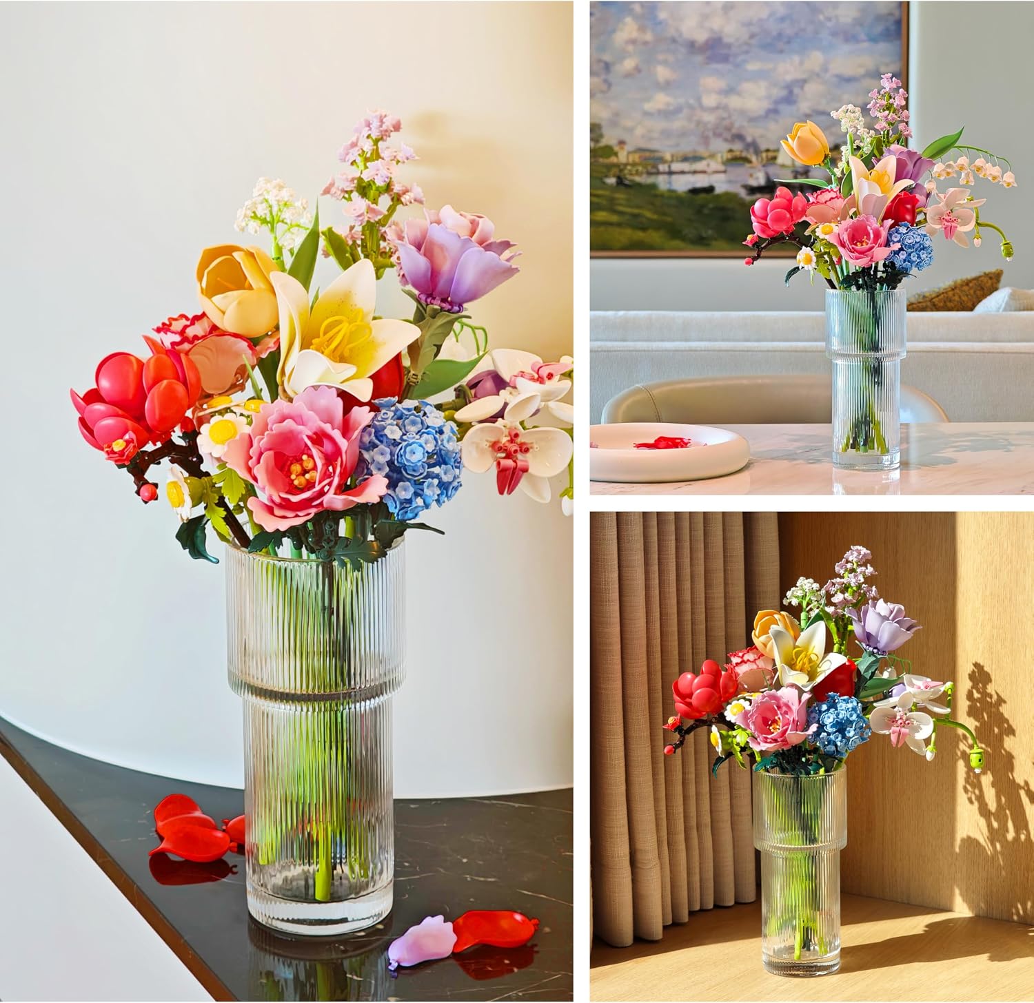 Flowers Bouquet Building Set for Adults, 13 Lifelike Artificial Flowers Building Set for Home Decor, Botanical-Themed Flower Bouquet for Valentines Mother's Day, 925 PCS (NO VASE)