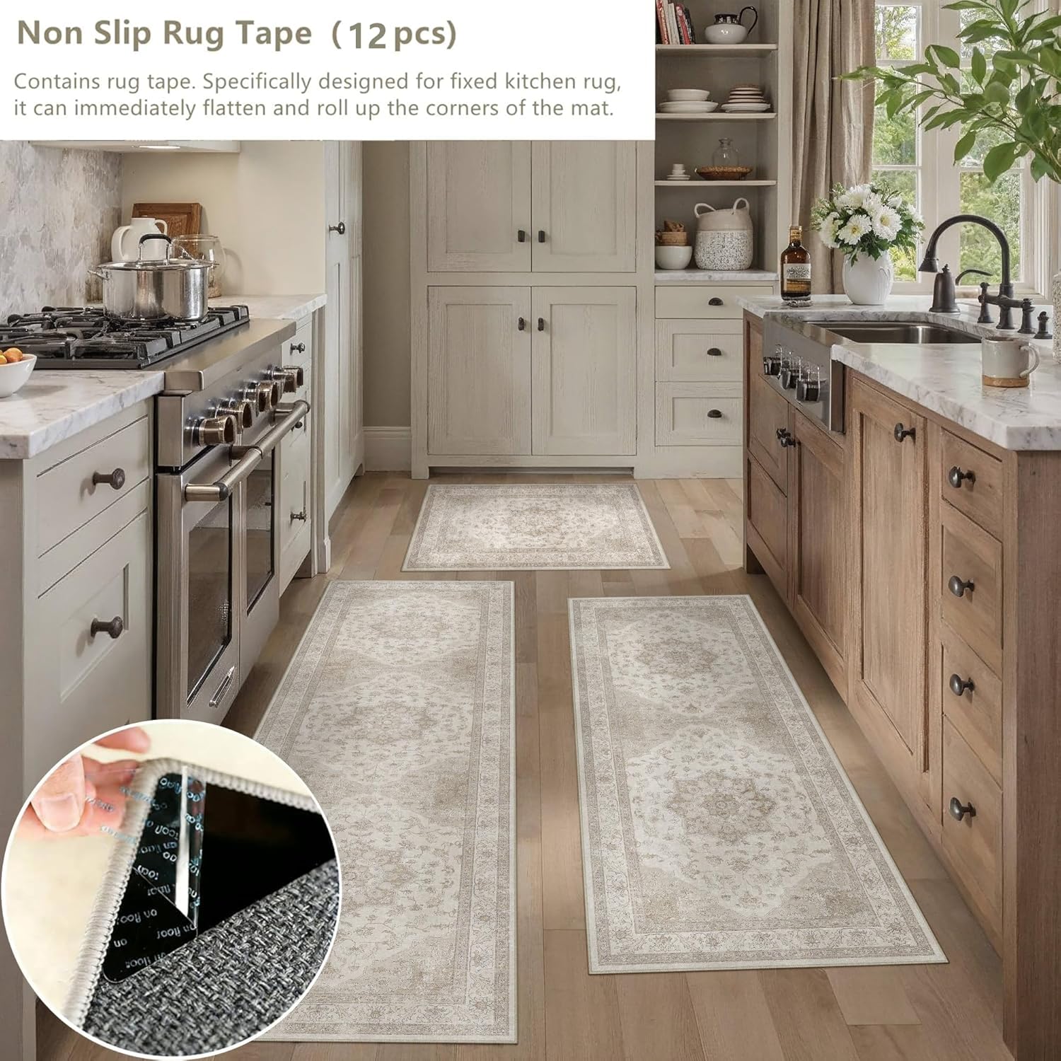 HUGEAR Beige Kitchen Rug Sets 3 Piece 24x36/24x48/24x60 Inch Widen Vintage Oriental Medallion Entryway Washable Kitchen Mats Floor Carpet Non Slip Runner Rugs for Hallway Laundry Sink Bathroom