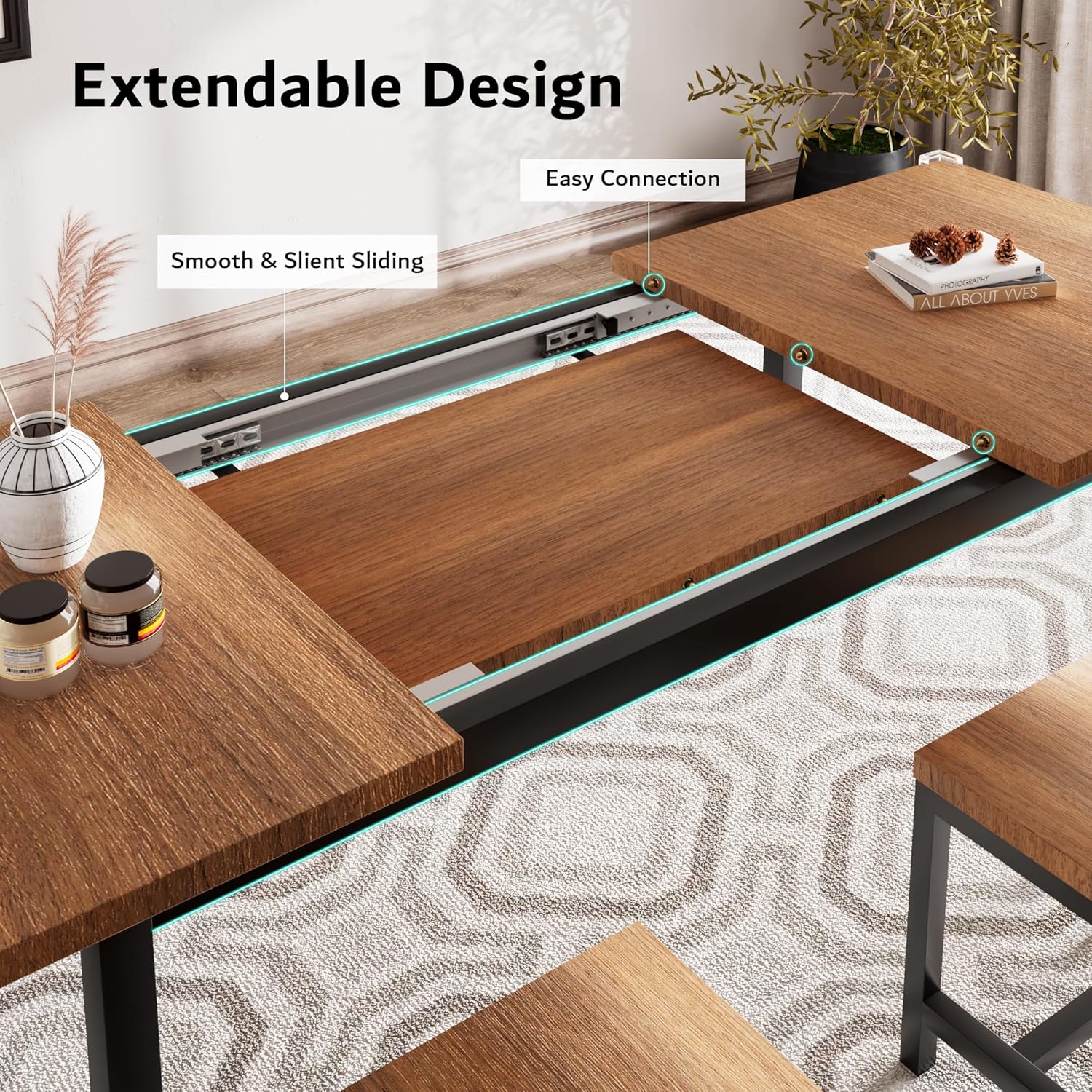 iPormis 7-Piece Dining Table Set with 6 Stools, 63" Extendable Kitchen Table Set for 4-8, Modern Dining Room Table with Sturdy Metal Frame, Space-Saving Dinette, Walnut