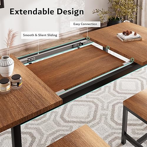 Miniatura 3 de iPormis Juego de mesa de comedor de 3 piezas mesa de cocina extensible de 63 pulgadas con marco de metal y tablero de madera comedor que ahorra