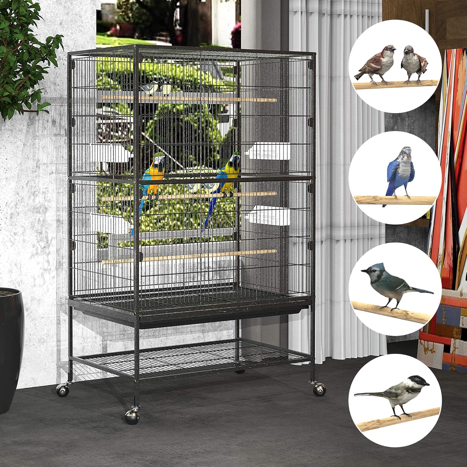 YITAHOME 52-inch Wrought Iron Flight Bird Parakeet Parrot Cage for Large Cockatiel, Canary, Finch, Lovebird, Parrotlet, Conure, Pigeons, African Grey Quaker, Birdcage with Rolling Stand : Pet Supplies