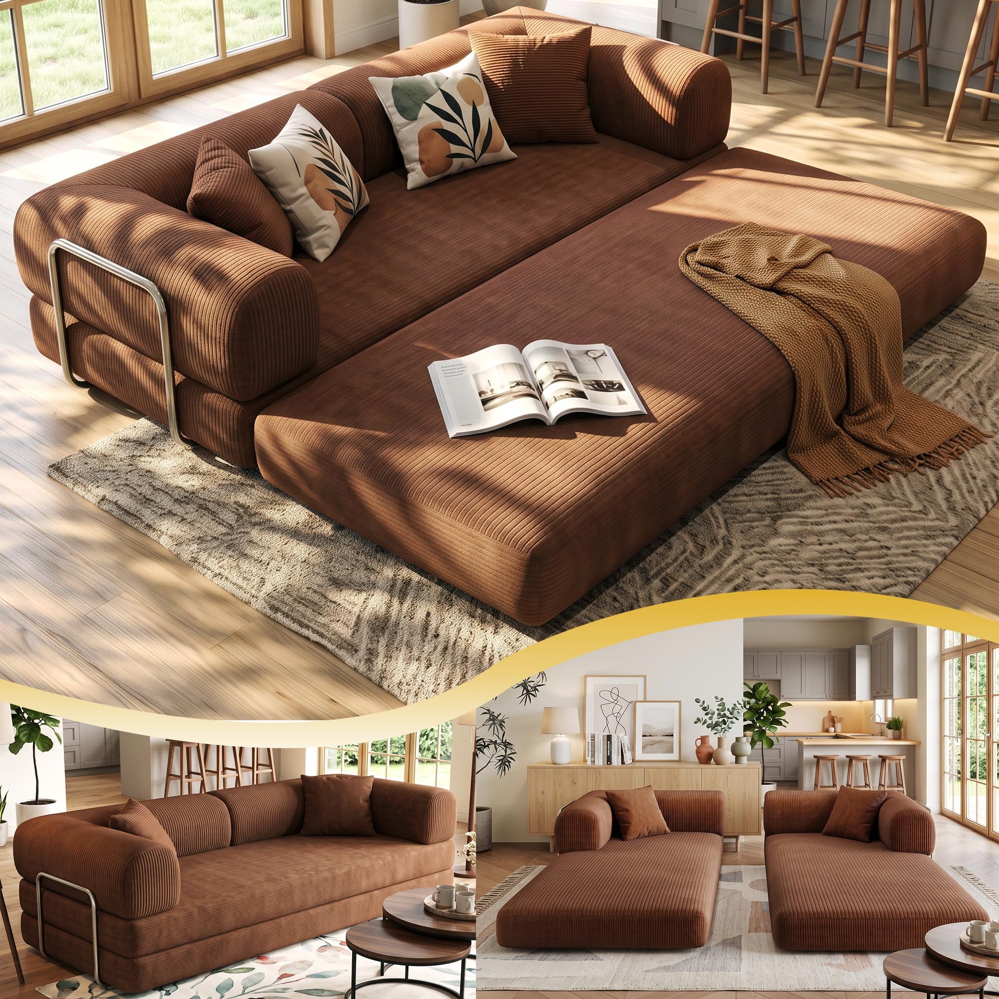 78.8" Corduroy Boneless Convertible Sofa Bed with Stainless Frame