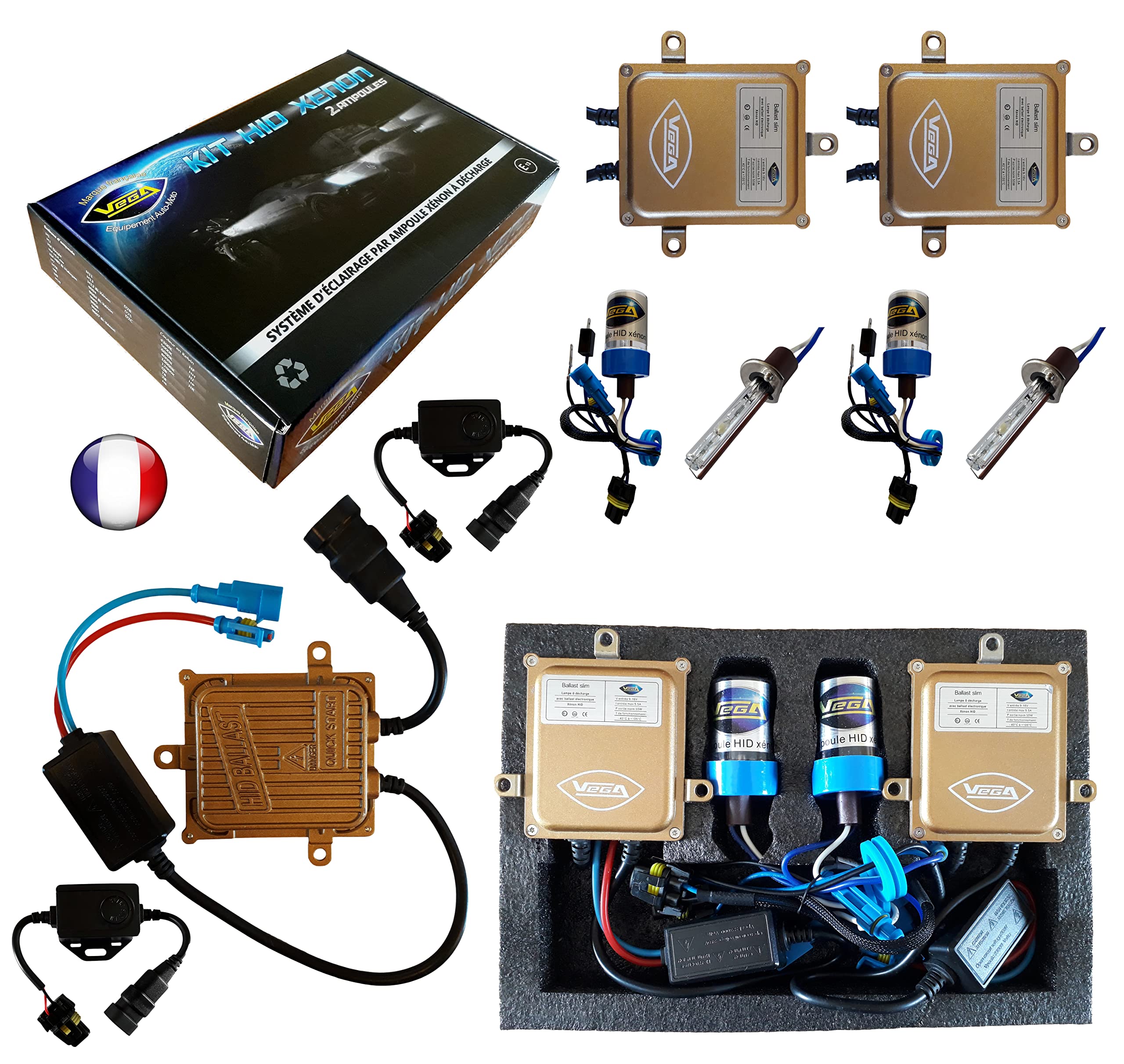 Kit HID Xénon Marque Francaise Vega® H1 10000K 55W Canbus Anti Erreur ODB Conception ASIC Ampoules à embase métallique