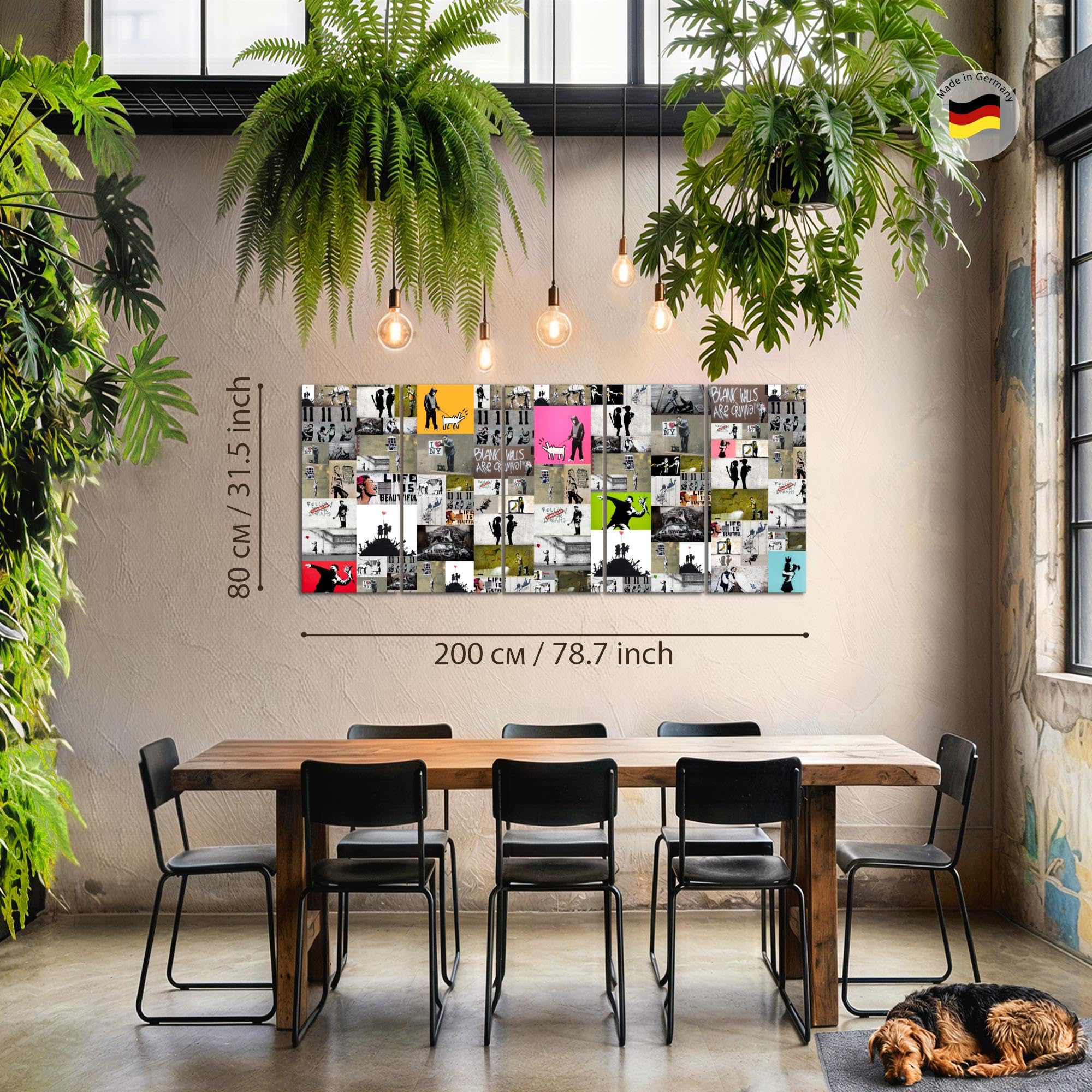 Runa Art Wandbild XXL Collage Banksy Loft Wohnzimmer 200 x 80 cm Bunt 5 Teilig - Made in Germany - 302755a