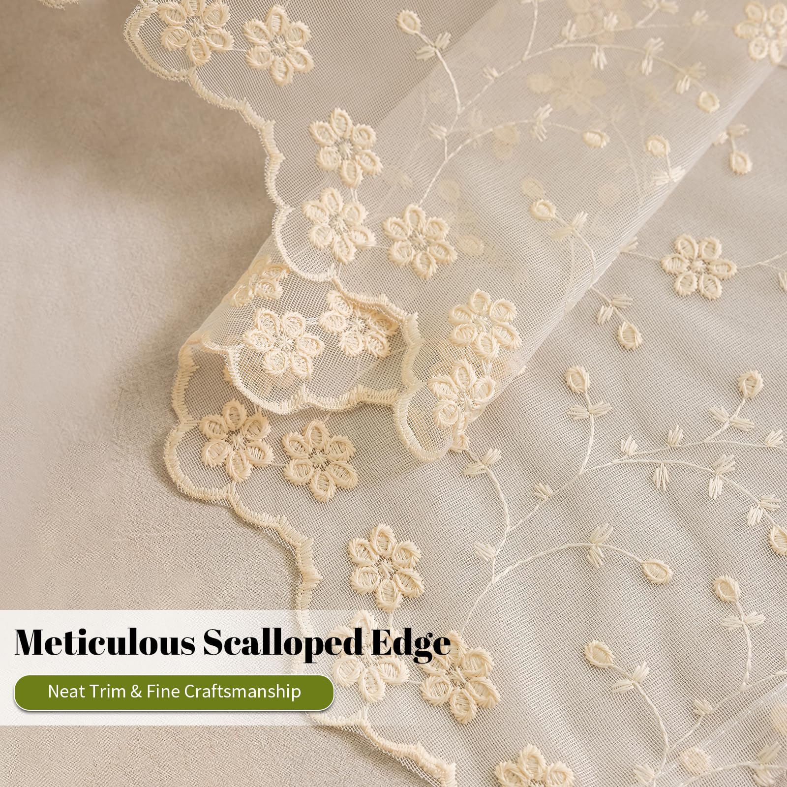 KnBoB Küchengardine Kurz, Bistrogardine Voile, Scheibengardinen mit Pflaumenblüten-Muster, Halbtransparent, Landhausstil, Stangendurchzug, 175x140 cm, Beige