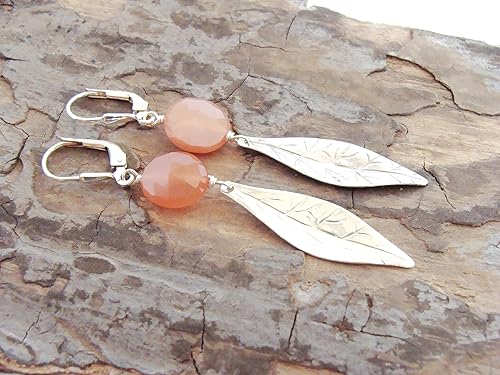 Miniatura 8 de Leaf and peach moonstone earrings, long, sterling silver, lightweight earrings, fun, nature theme, flashy, handmade