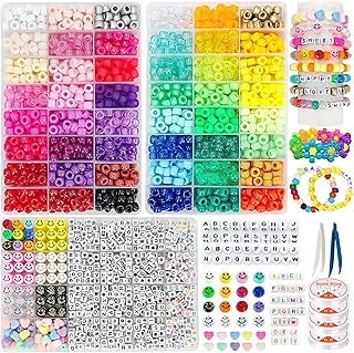 3400pcs Kandi Bracelet Kit, 48 Colors 2400pcs Rainbow Pony Beads, 800pcs Letter Beads, 150pcs Smiley Face Beads, Pony Beads for Bracelets Making, Friendship Bracelet Beads, 130ft Elastic Strings