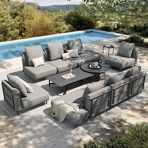 HERA'S HOUSE Metal Patio Furniture Set,Modular 10 Seats,1 Nesting Coffee Tables,1 Side Table with 7.1" Extra Thick Cushion, Low-Profile Modular Patio Conversation Set for Garden Backyard Deck,Grey