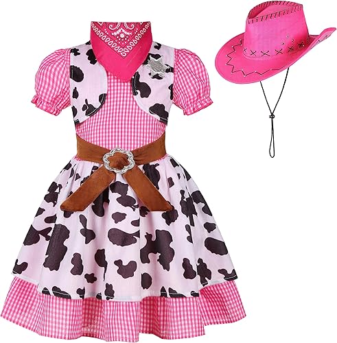 Disfraz de vaquera para niñas, vestido de vaquera occidental de Halloween con sombrero de vaquero rosa