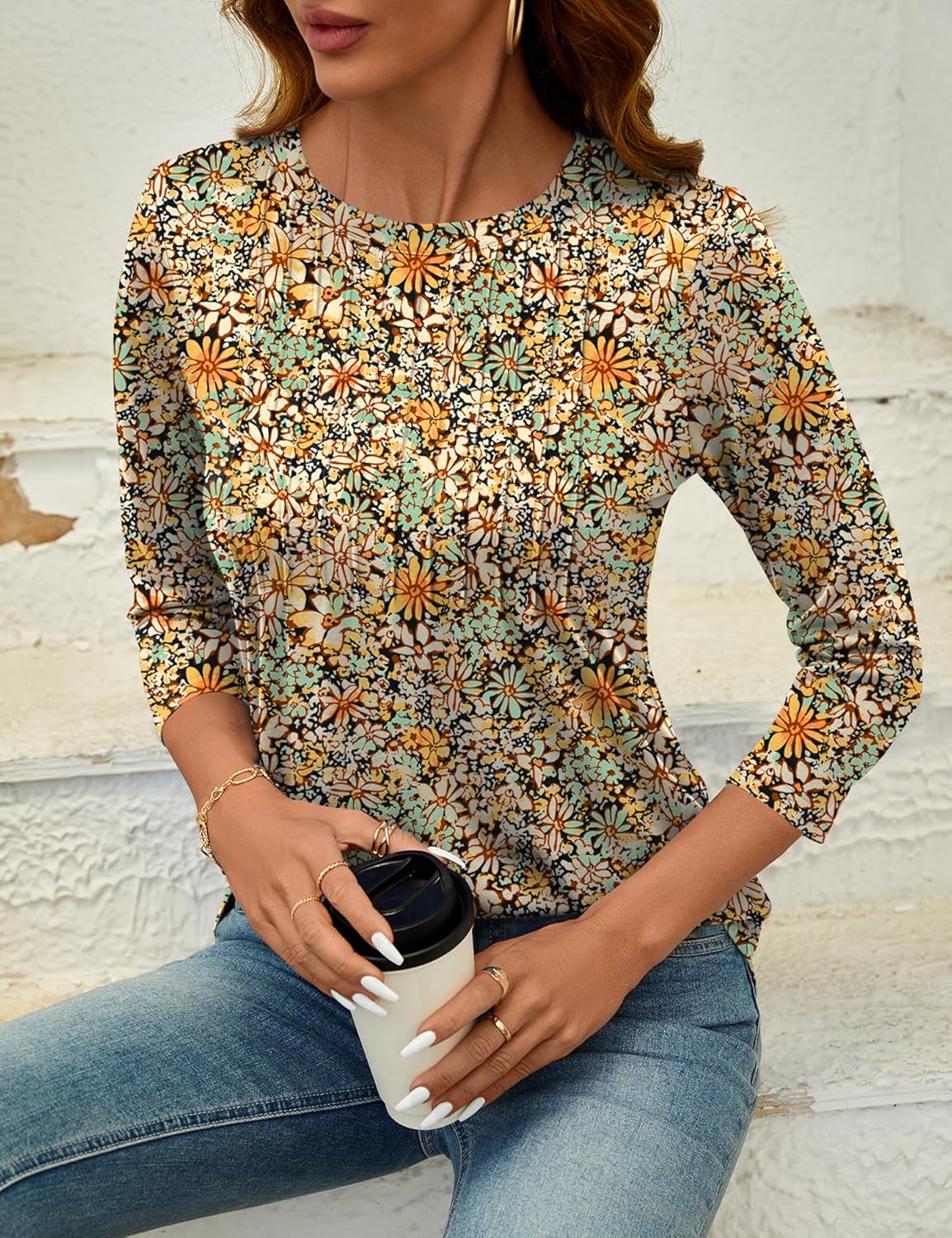 LOMON Women's 3/4 Length Sleeve Tops Crew Neck Dressy Casual Blouses Summer Tees Shirts - Image 6