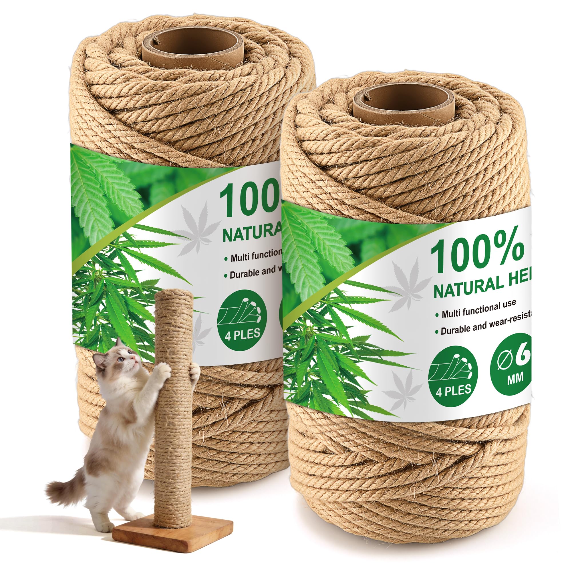 Foymlon 2 Piezas Cuerda de Yute, 6mm × 50m Cuerda Rascador Gatos, Cuerda Sisal es Adecuada para Rascadores de Gatos DIY, Accesorios para Gatos, Artesanías y Decoración del Hogar
