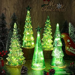 Soaoo 5 Pcs Mercury Glass Christmas Tree with LED Lights 10 Inch Large Figurine Lighted Christmas Tree Decoration Light up Tabletop Glass Decor for Home Table Centerpiece(Green)