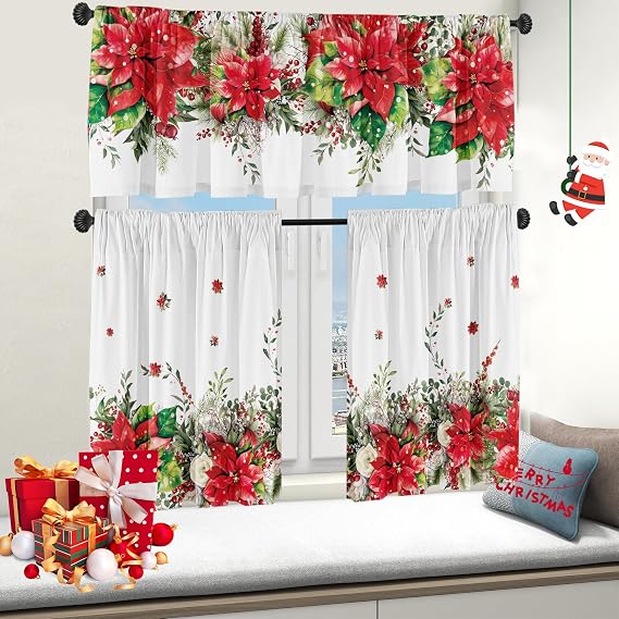 Christmas Poinsettia Curtain Valances Set Decoration, Suitable for Kitchen, Bedroom, 54lx18w Inch 27lx24w Inchx2, Xmas Elegant Holiday3-Panel Set