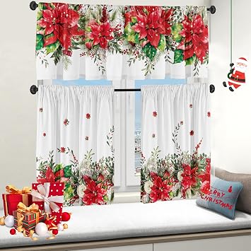 Christmas Poinsettia Curtain Valances Set Decoration, Suitable for Kitchen, Bedroom, 54lx18w Inch 27lx24w Inchx2, Xmas Elegant Holiday3-Panel Set