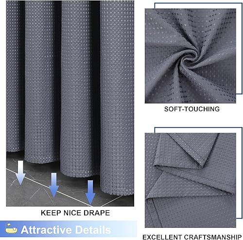 Miniatura 8 de OVZME Juego de cortina de ducha gris con textura de gofre, cortina de ducha de tela resistente para baño, cortina de baño de lujo de 230 GSM con 12