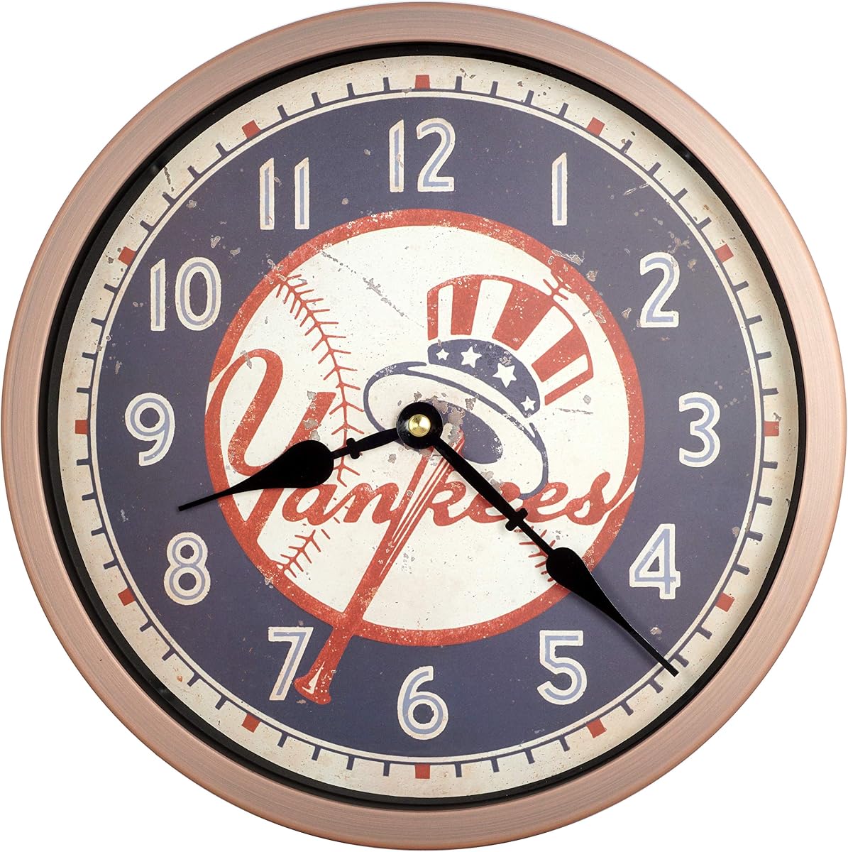 JUSTIME 12 inch Quality Metal Brushed, Retro Baseball Yankees Team Arabic, Silent Non Ticking Wall Clock, Home Decor. (WM12-YKE-RC Retro Copper) | Brushed-metal Design, Baseball Home Decor, Arabic Numerals