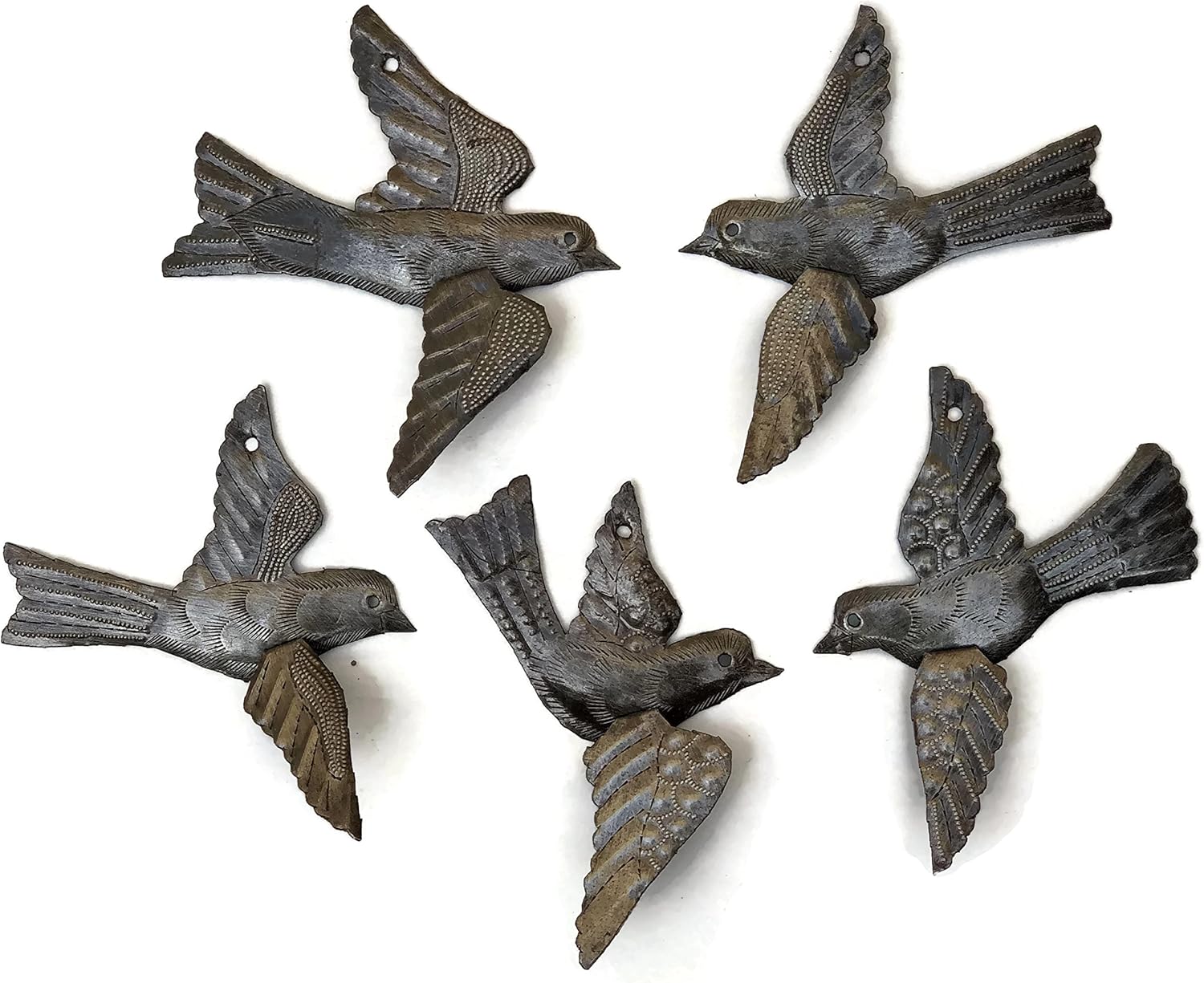 Bird Metal Wall Decor, Set of 5, 3D Wings, Small Hanging Birds, Ornaments, Bird Lovers Collection, Indoor Outdoor Hanging Figurines, Fall Decor Handmade in Haiti 5 x 4.5 inches