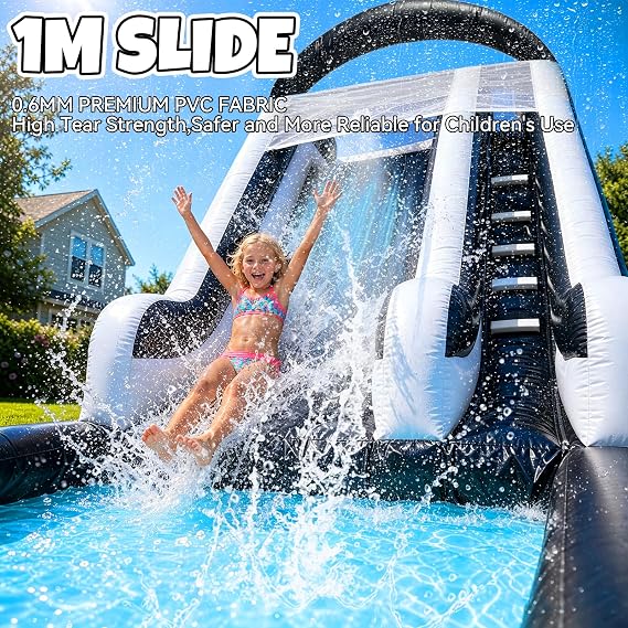 Inflatable Water Slide for Adults, 21FT 100% PVC Waterslide with Big Splash Pool, Widen Slide with Shallow Pool, 750W Air Blower, Ideal for Backyard, Park, Commercial (21FT - Black & White)